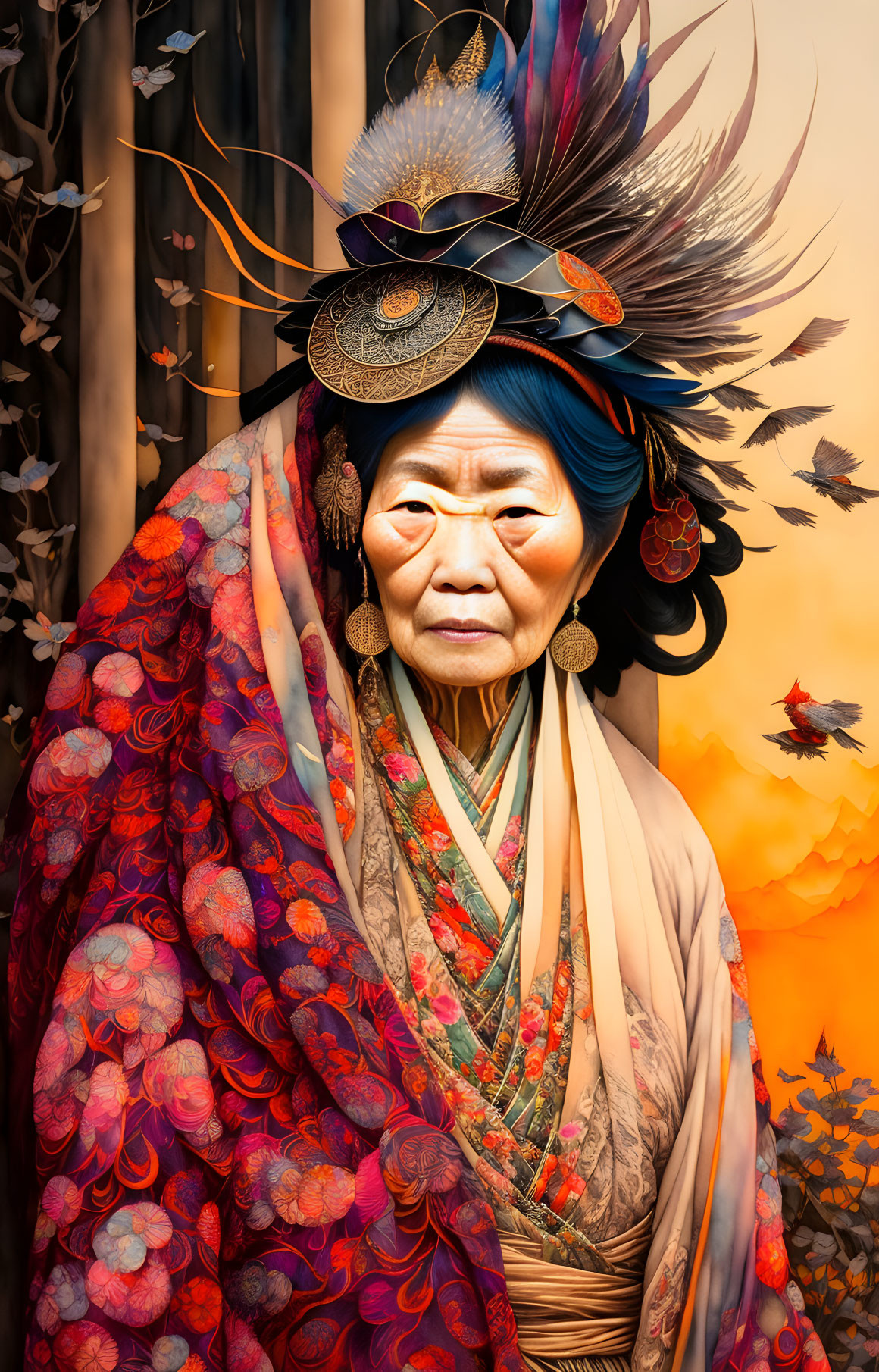 Elderly Woman in Colorful Traditional Attire with Feathered Headdress on Autumnal Artistic