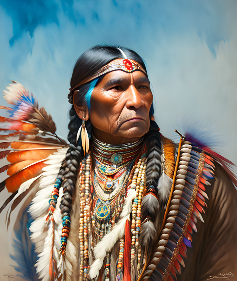 Native American man in traditional attire with feather headdress, beadwork, and face paint