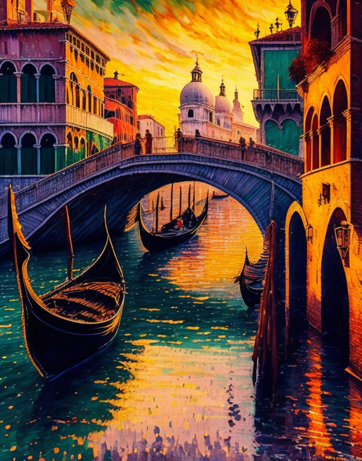 Venice painting: Gondolas under bridge at vibrant sunset