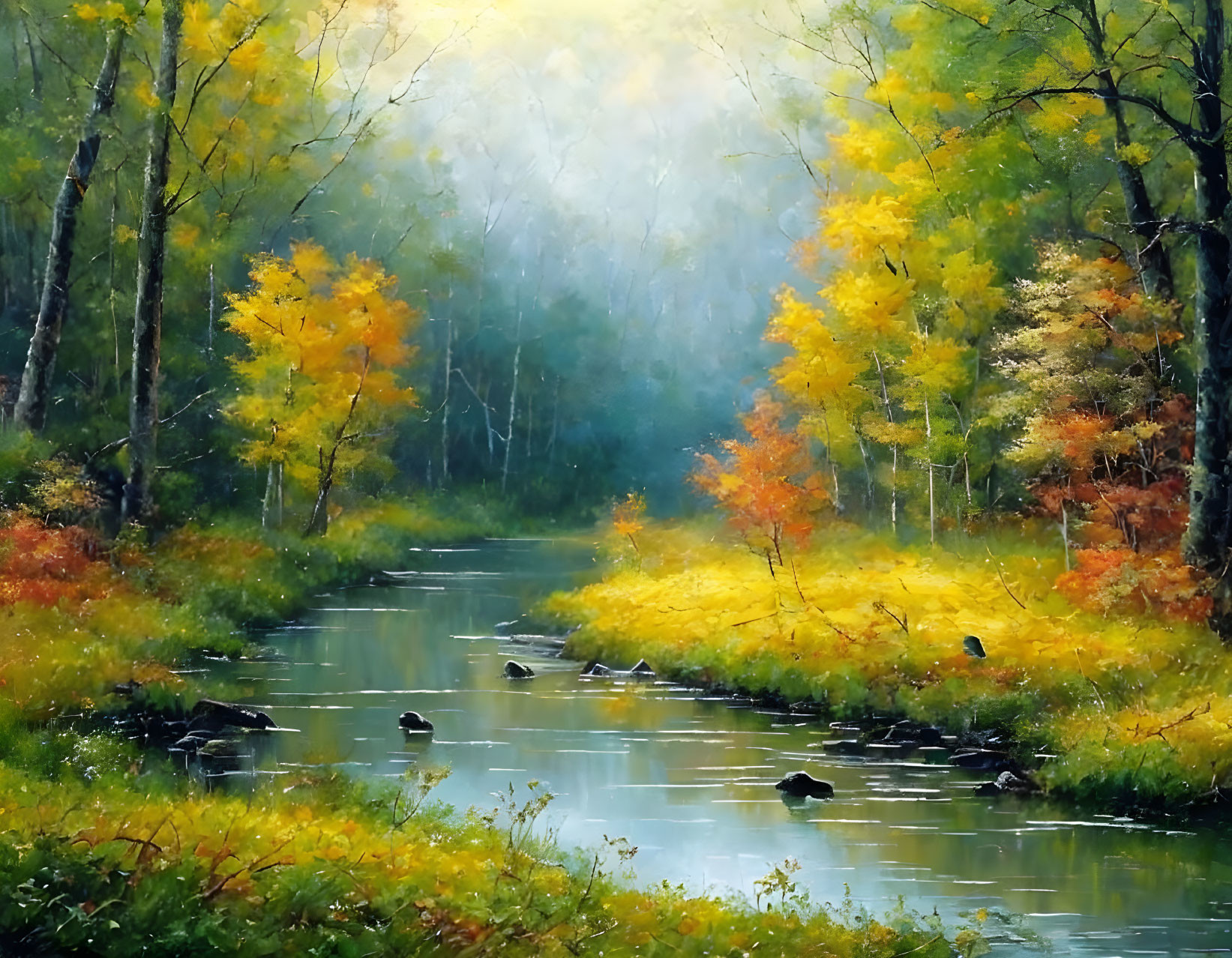 Tranquil stream in lush autumn forest with ducks and mist