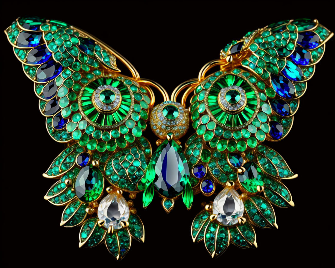 Symmetrical Owl-Shaped Jewelry: Green and Blue Gemstones with Gold Detailing