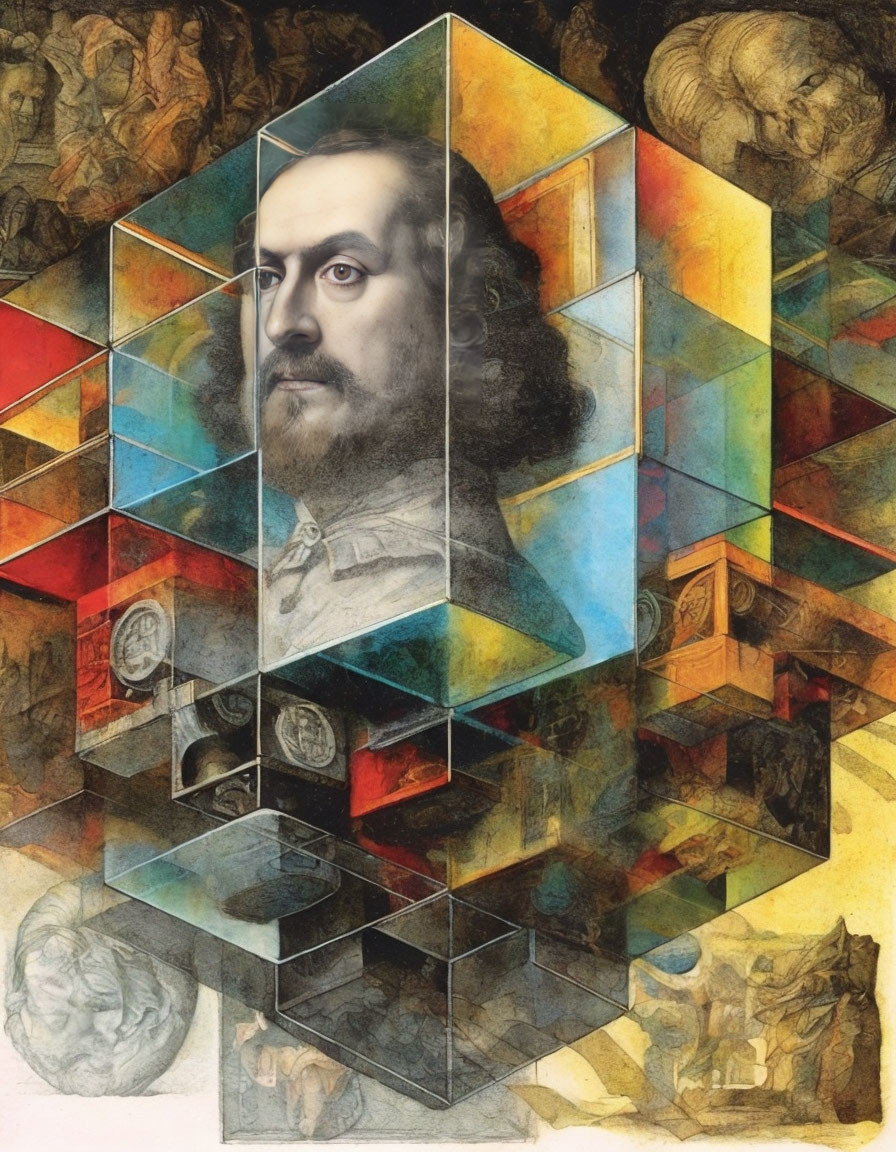 Bearded man portrait with geometric overlays and classical elements