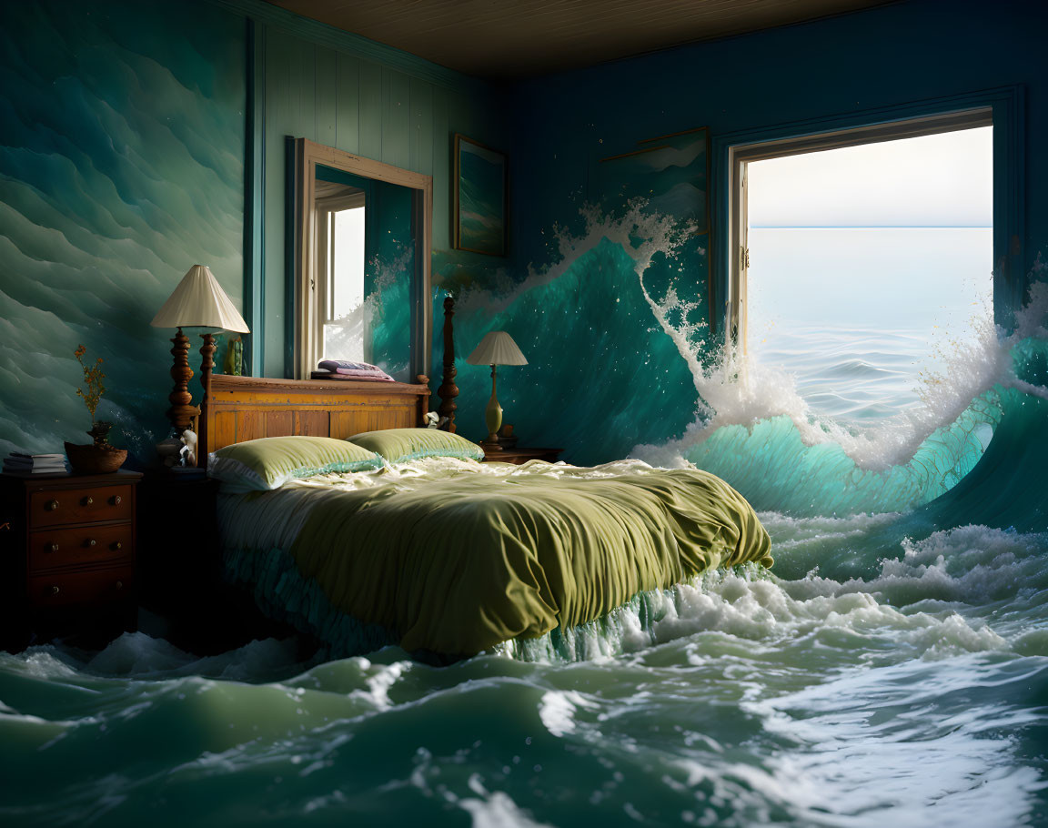 Surreal bedroom submerged in ocean waves under clear sky