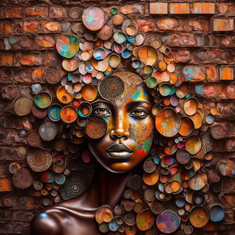 Colorful digital artwork of a woman with circle-patterned hair on brick background