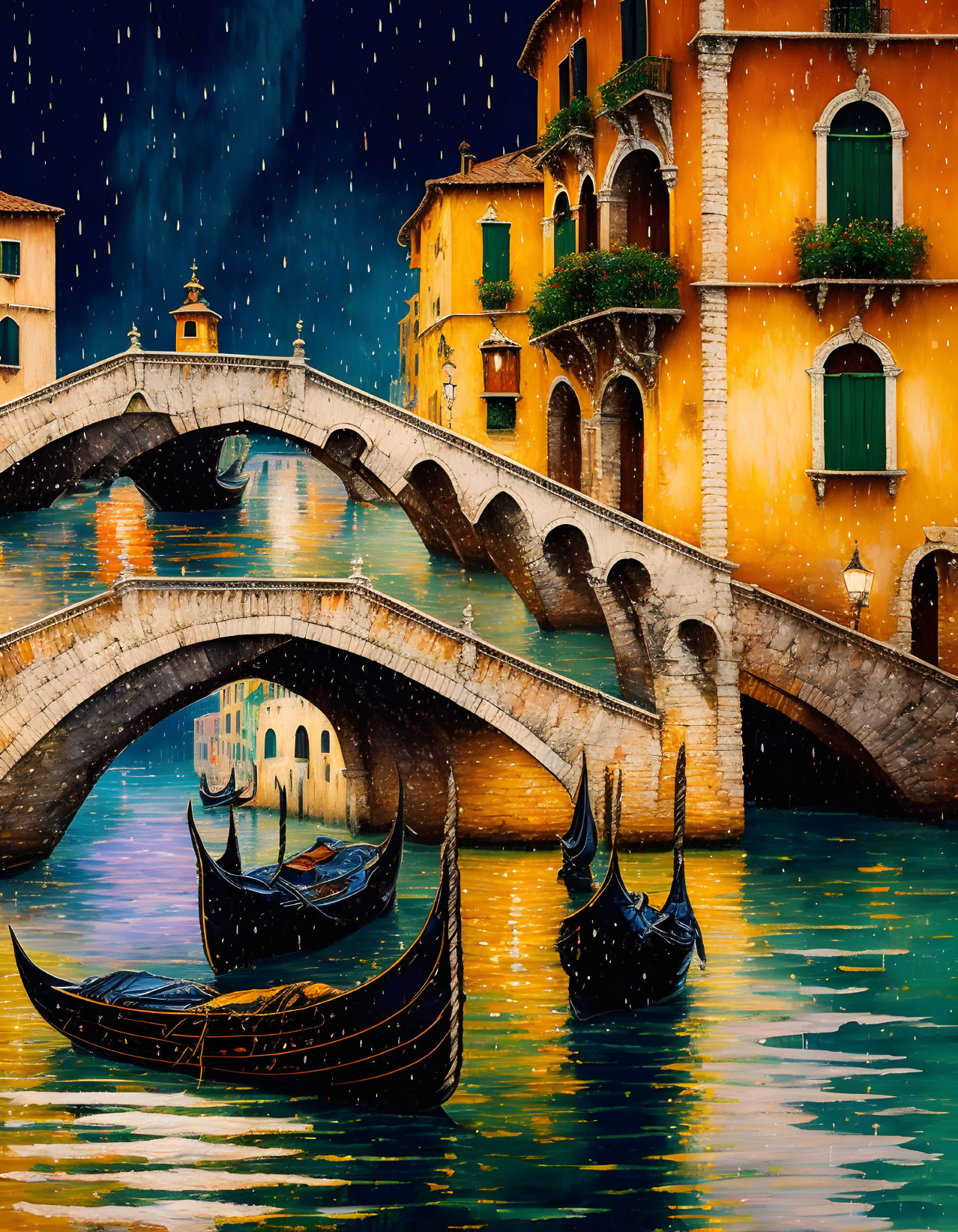 Vibrant Venetian scene: Gondolas by canal bridge in warm twilight