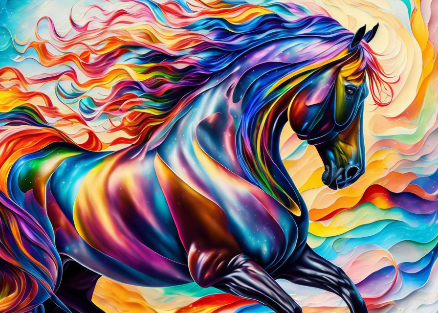 Colorful Mythical Horse Artwork with Rainbow Mane and Cosmic Patterns