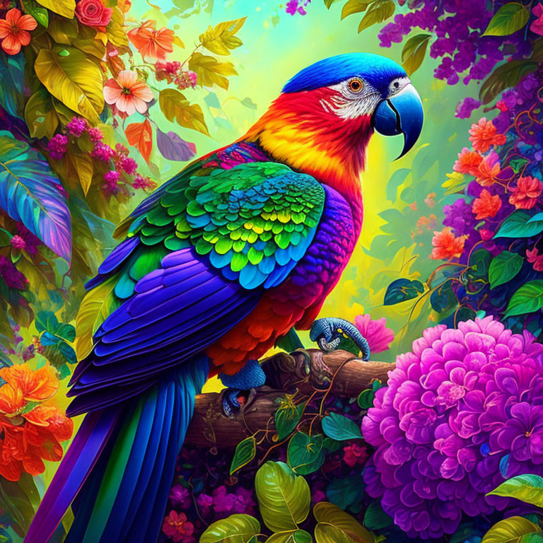 Colorful Macaw Perched in Tropical Setting with Flowers