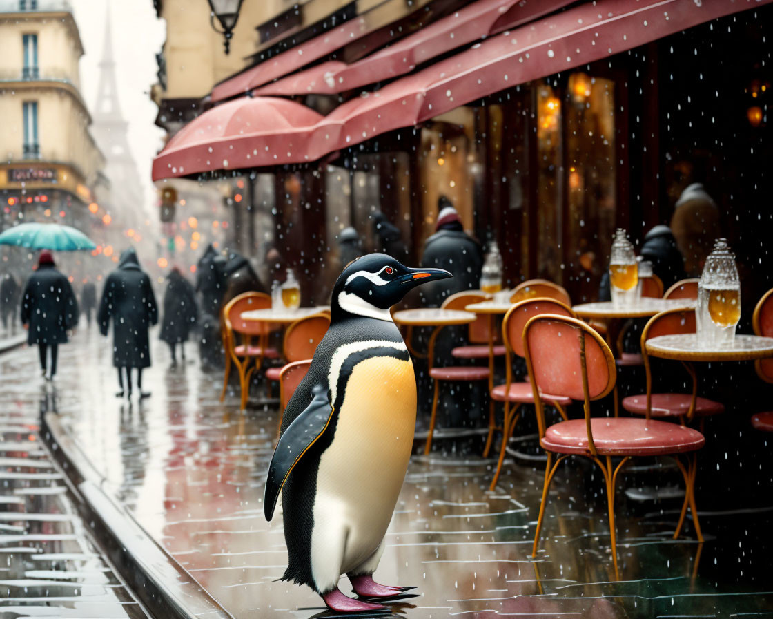 Penguin in Rainy Paris Street with People and Café