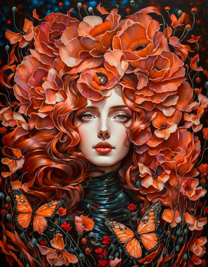 Vibrant flower and butterfly-themed portrait with flowing hair