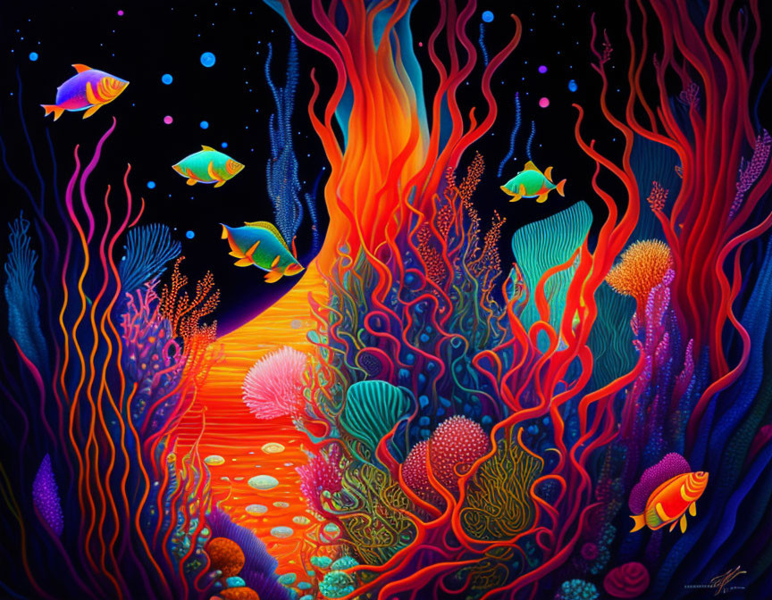 Colorful Coral and Fish in Vibrant Underwater Fantasy Scene