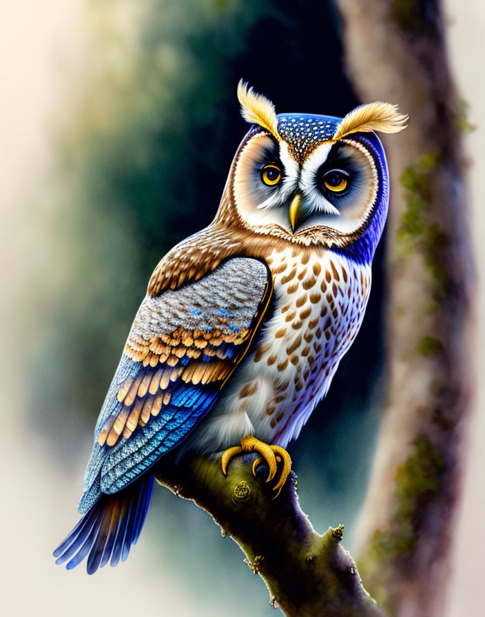 Detailed colorful owl illustration on branch with yellow eyes in forest.