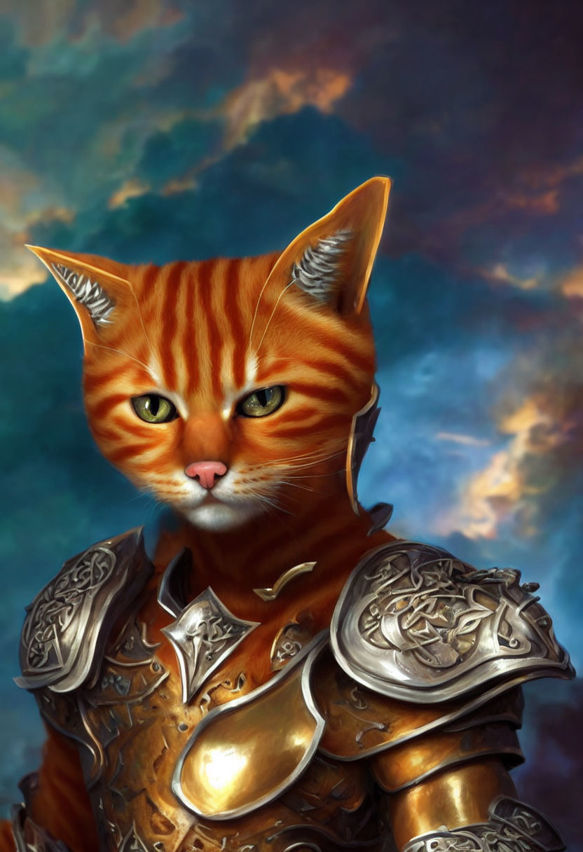 Orange Tabby Cat in Medieval Armor Against Dramatic Sky