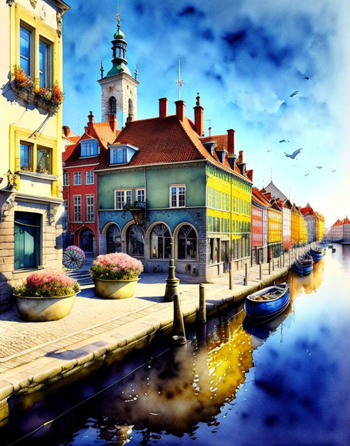 Colorful canal scene with cobblestone pathways and birds in flight.