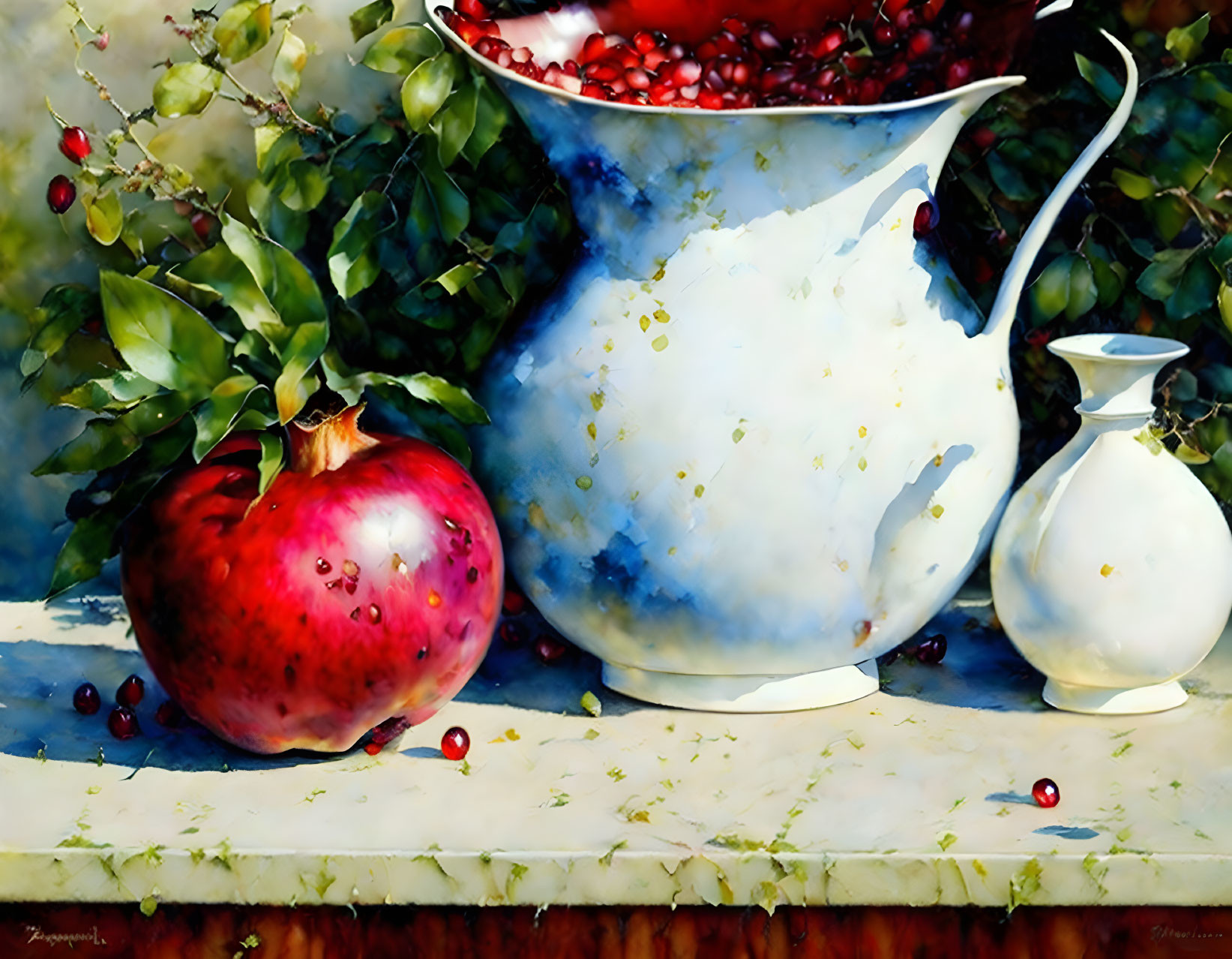 Colorful still life with pomegranate, cranberries, and pitchers on ledge