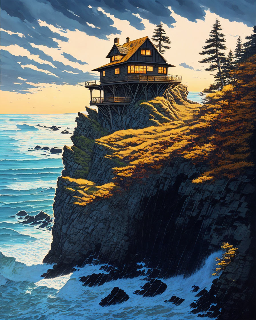 Multi-story house on rugged cliff with autumn trees & ocean view