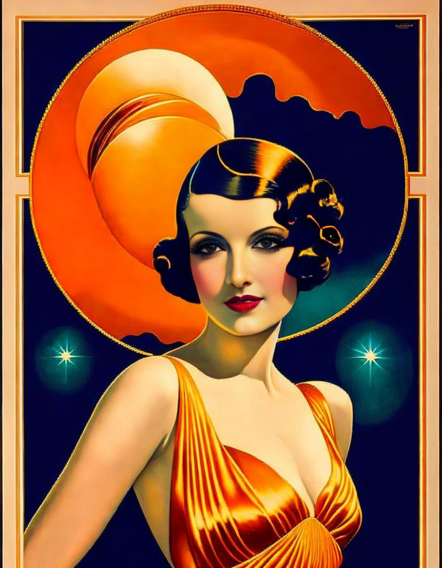 Vintage Art Deco Style Poster of Glamorous Woman on Cosmic Background