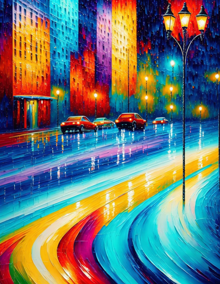 Colorful cityscape painting with rain-soaked streets, cars, and glowing streetlamp.