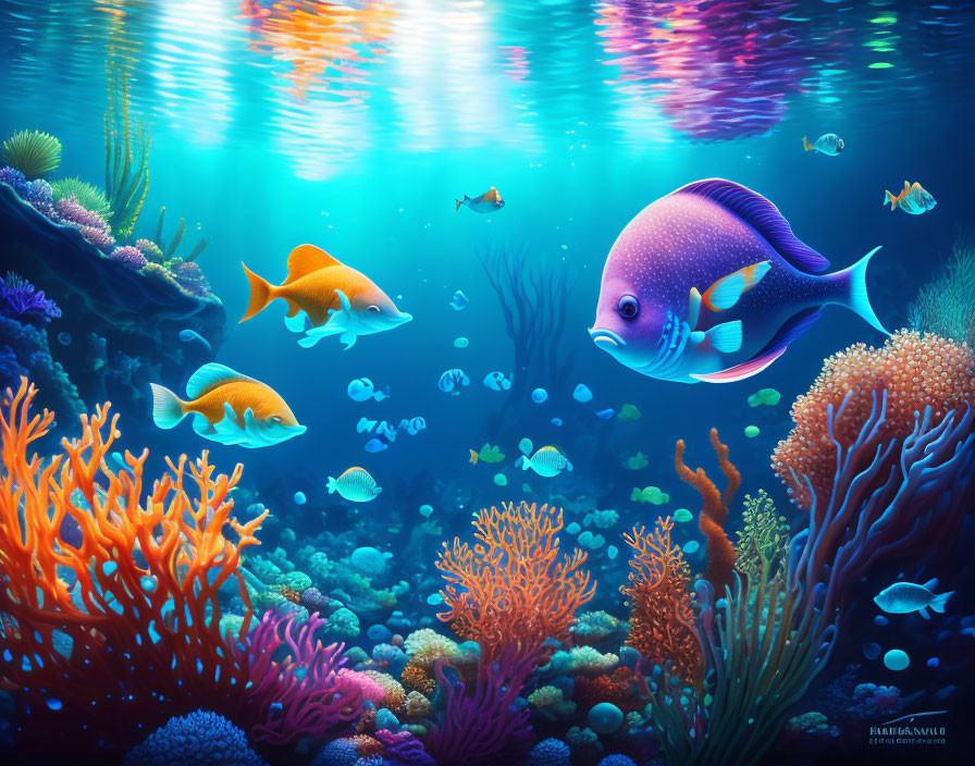 Colorful Fish and Coral Reefs in Vibrant Underwater Scene