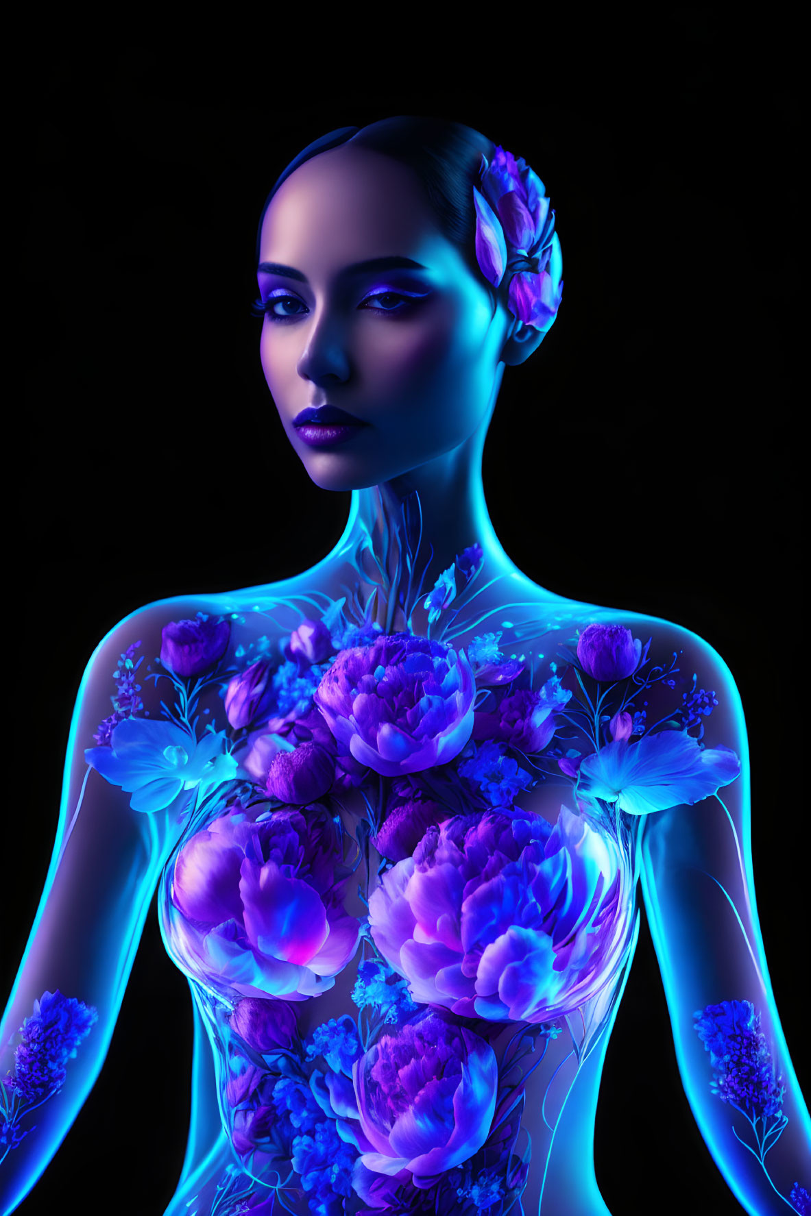 Stylized neon image: Woman with floral pattern, glowing blue and purple on black.