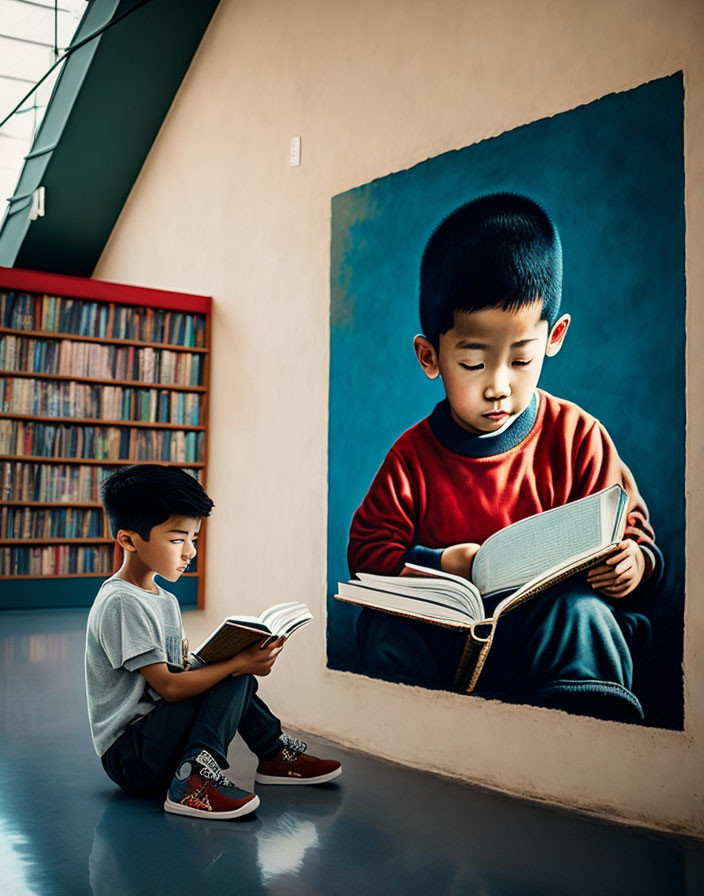 Boy reading book mirrors large painting on library wall