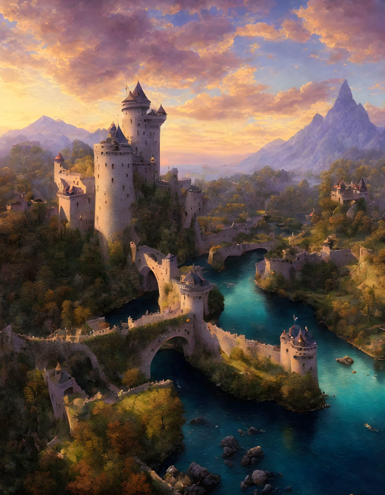 Medieval castles in autumn landscape with rivers, bridges, and mountains at sunset