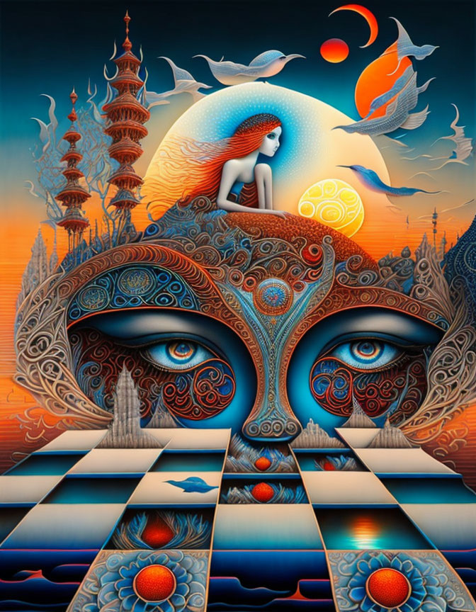 Surreal artwork: Woman on ornate eyes, checkered pathways, Asian architecture, flying fish