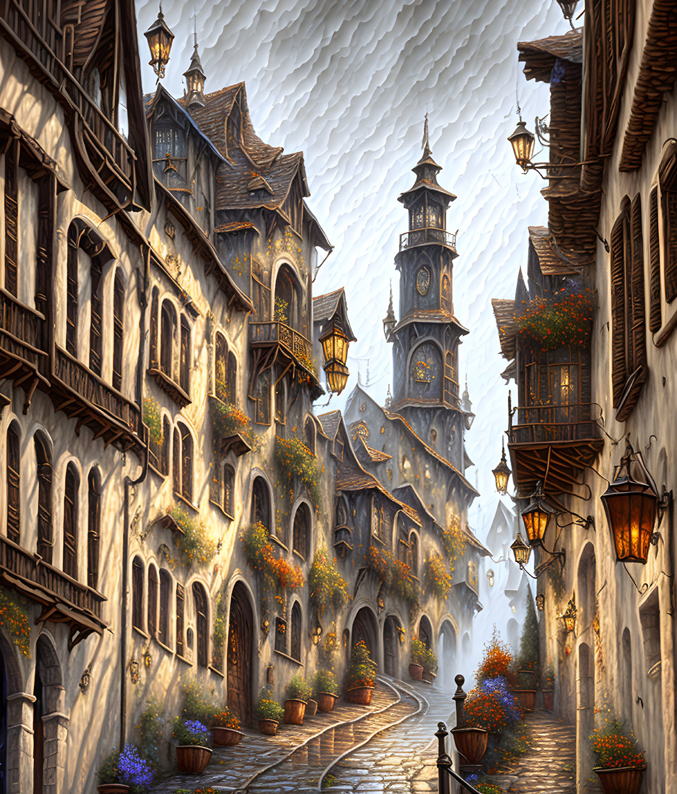 Traditional European cobblestone street with ornate architecture and clock tower