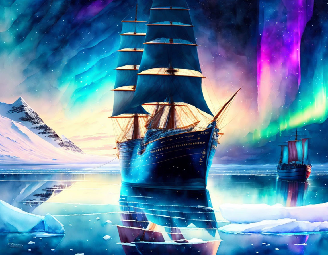 Aurora-filled Sky Over Sailing Ships on Icy Waters