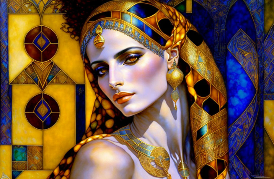 Digital Artwork: Egyptian Queen with Elaborate Head Jewelry in Blue and Gold