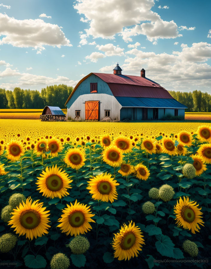 Rustic barn with blue roof and orange doors in sunflower field