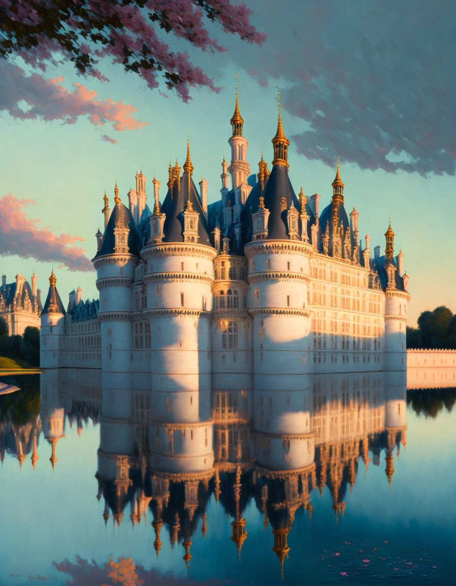 Fantastical castle with spires reflected in sunset waters.