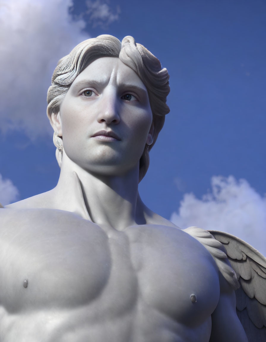 Detailed Marble Angel Statue with Muscular Features and Wings on Blue Sky Background