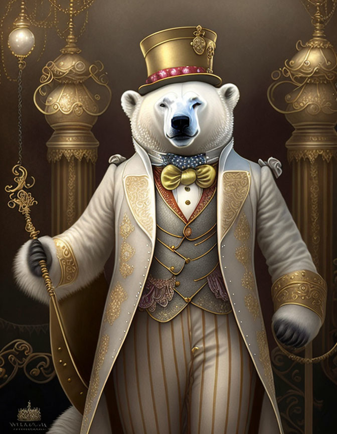 Sophisticated polar bear in Victorian suit with top hat and cane in elegant setting