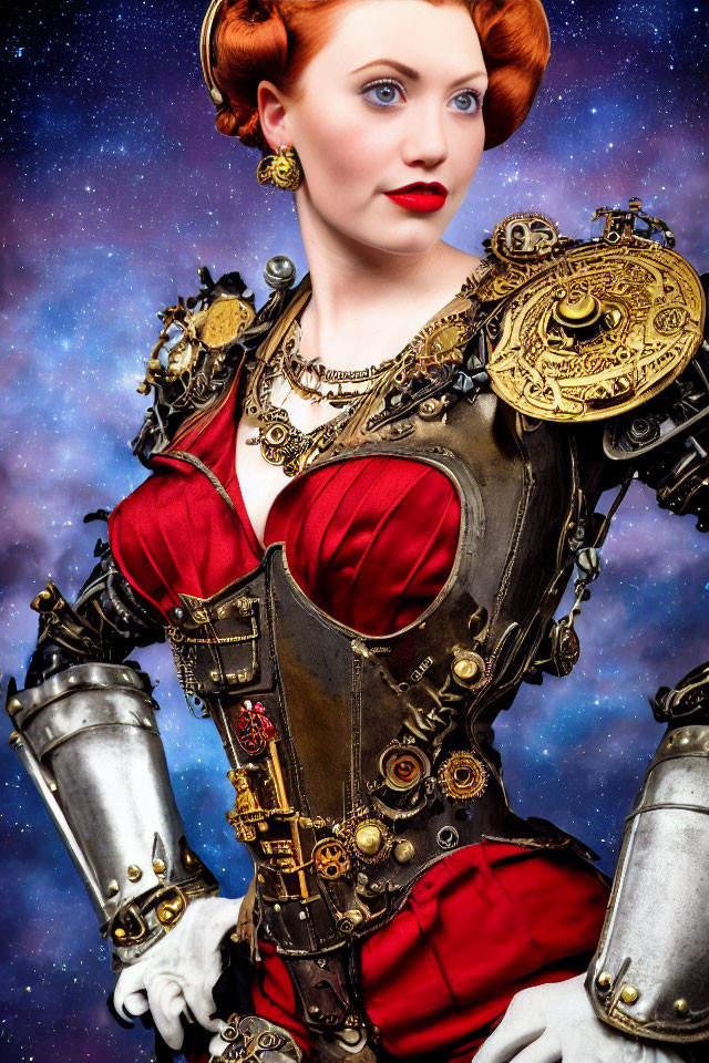 Steampunk-inspired woman in corset with metallic armguards and gloves on starry background