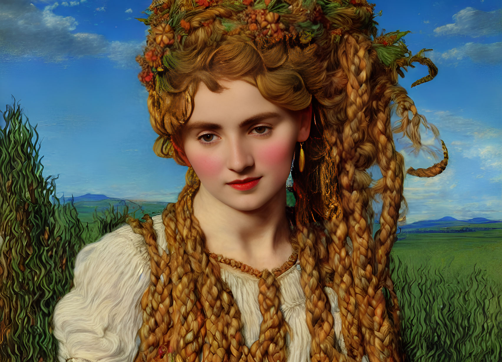 Portrait of Woman with Braided Hair and Fruit Adornments in Landscape