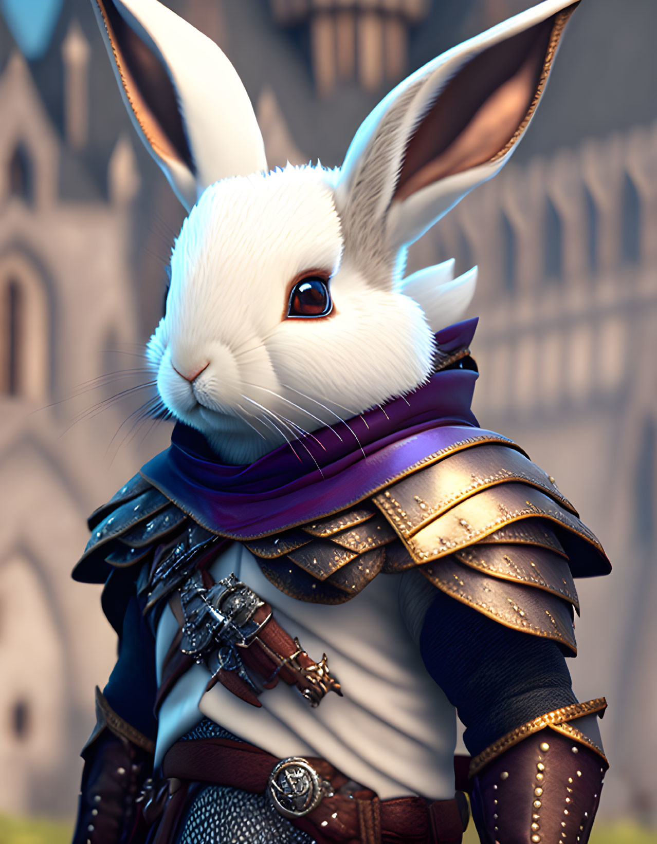 Anthropomorphic rabbit in medieval armor with purple scarf before castle.