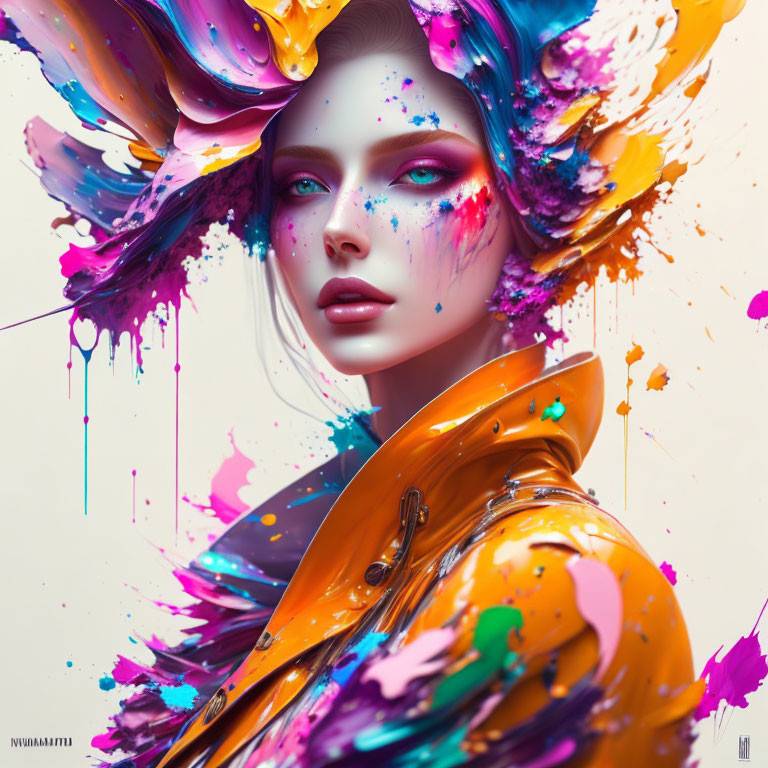 Vibrant digital art portrait of a woman with flowing hair and paint splashes.