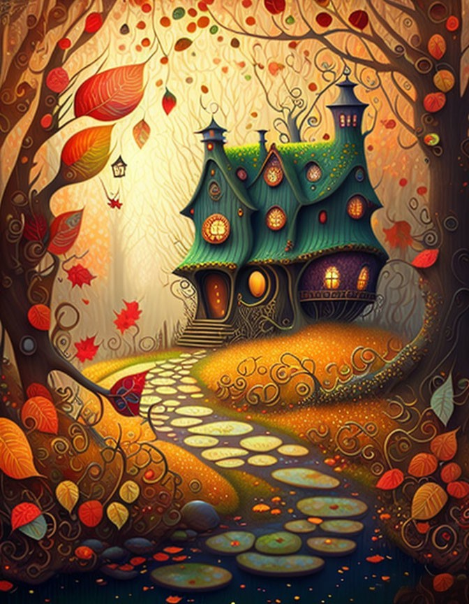 Illustration: Cozy fairy-tale cottage in autumn forest