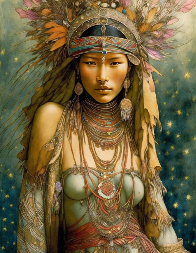 Portrait of person with elaborate headdress and jewelry against starry backdrop