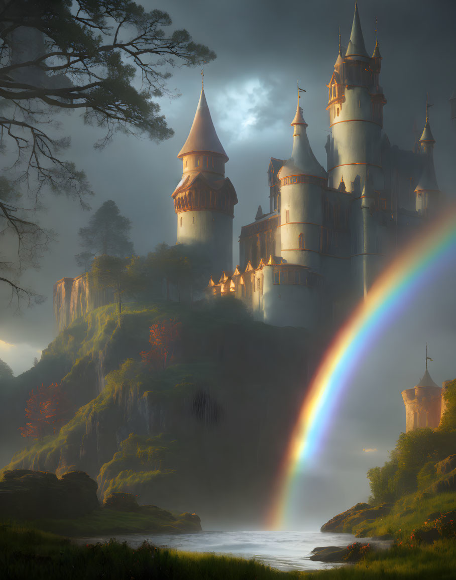 Majestic castle on misty cliffs with golden light and rainbow