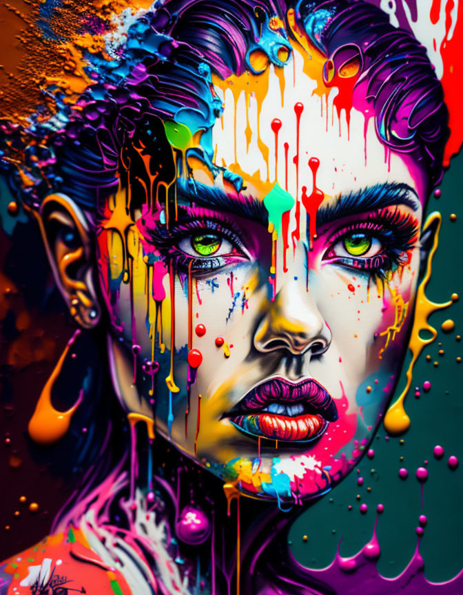 Colorful painting of a woman with dripping paint obscuring face