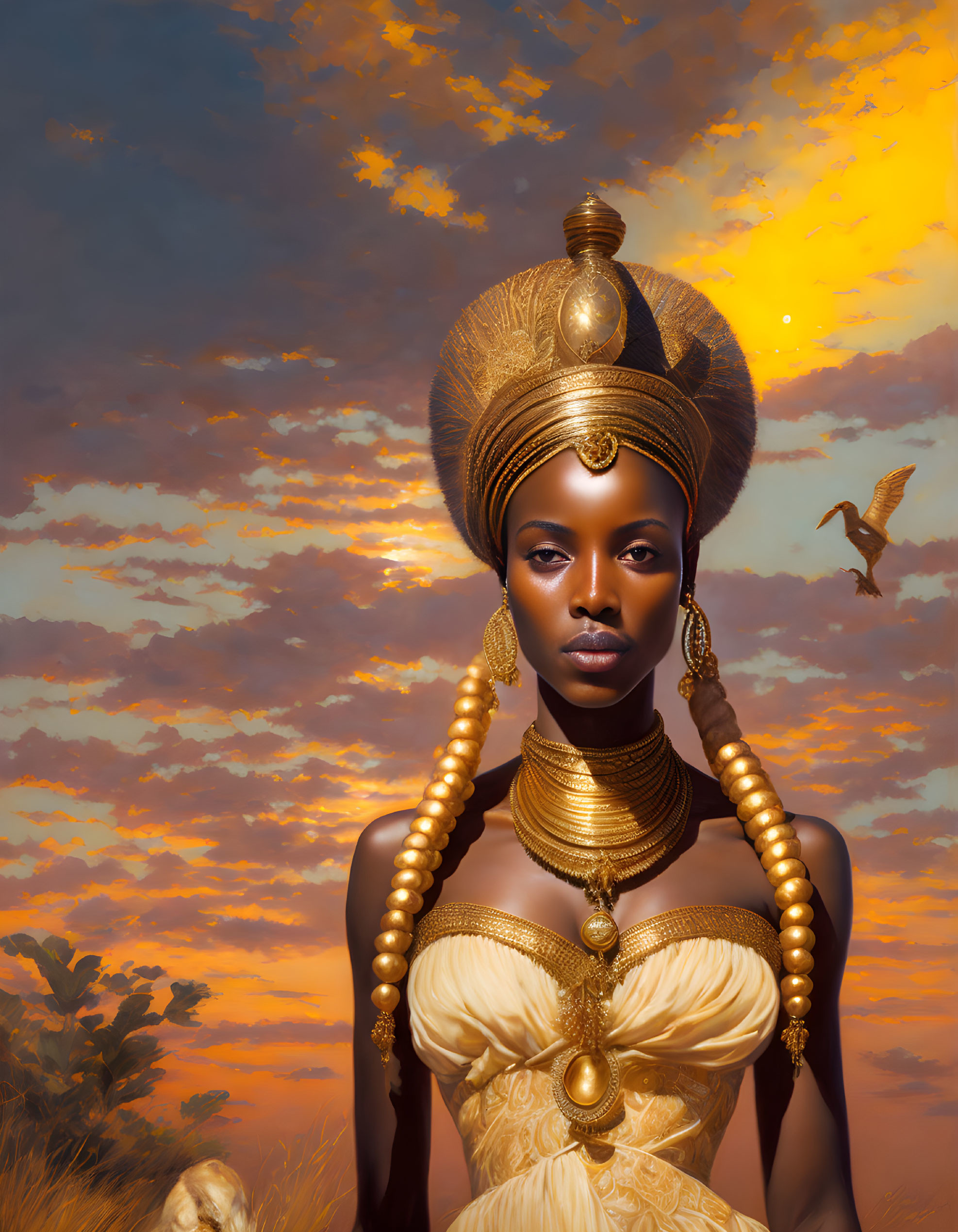 Regal woman with golden headdress in sunset sky portrait