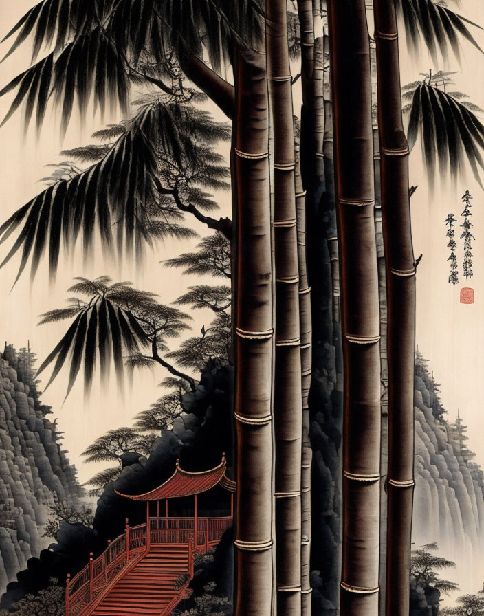 Asian landscape painting with tall bamboo, pavilion, and misty mountains