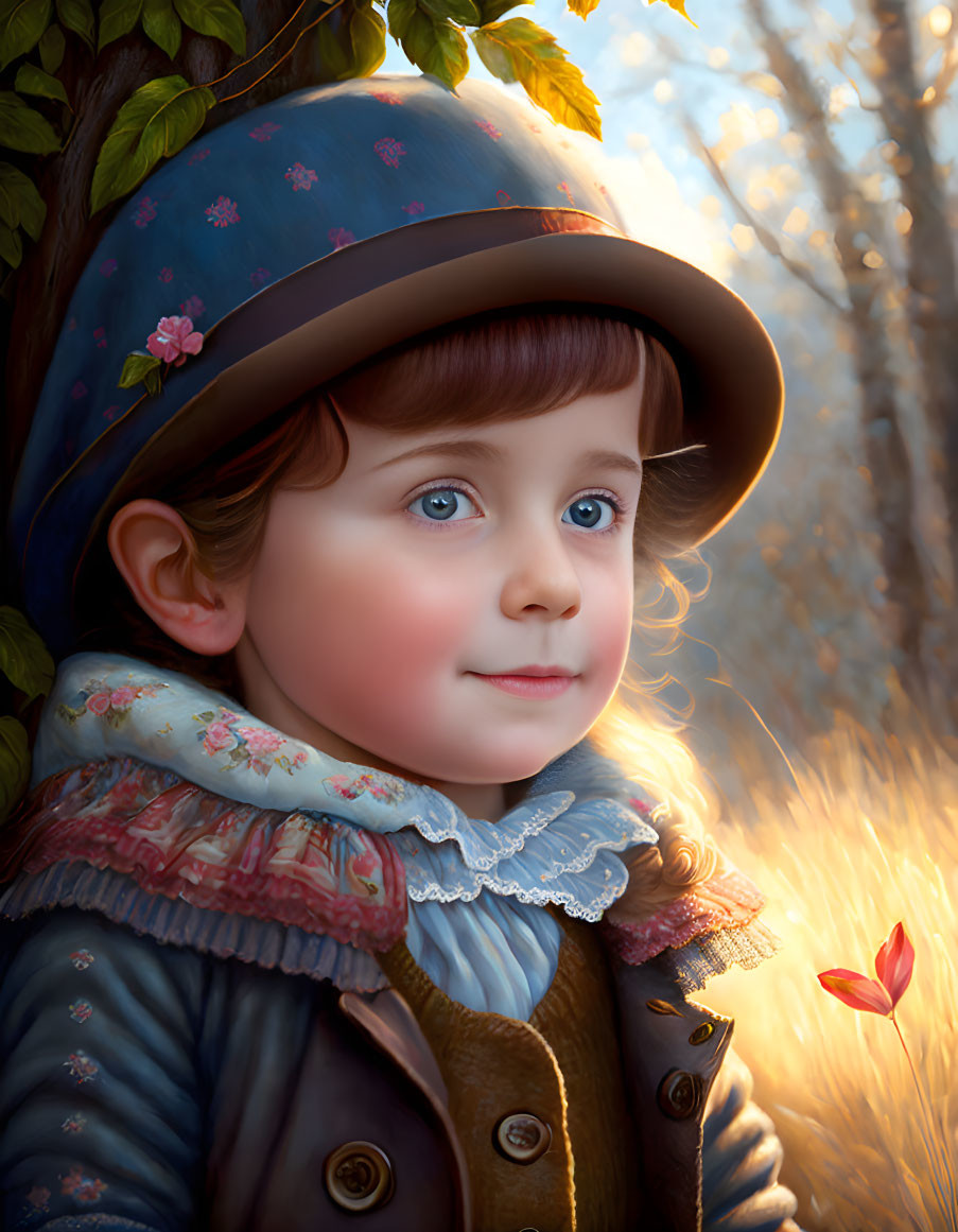 Young girl in blue hat and coat smiling in sunlit forest with butterfly