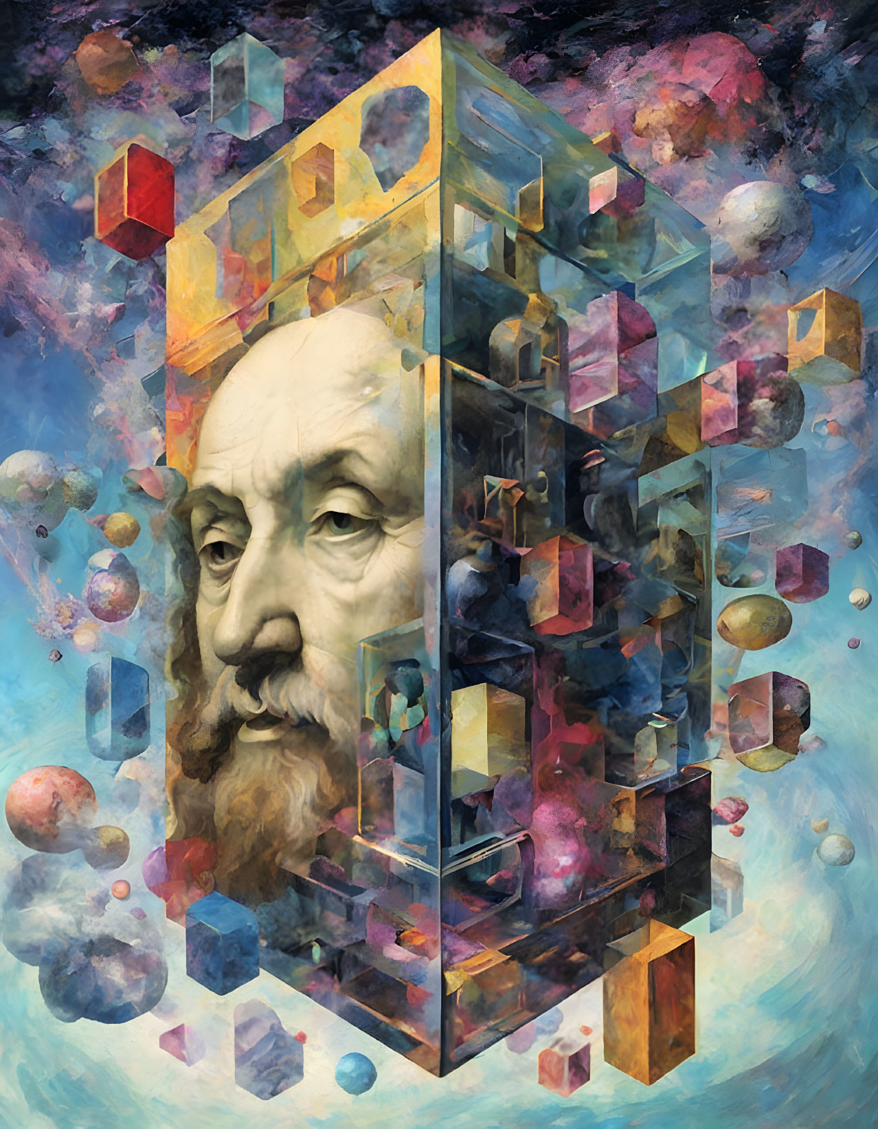 Surreal portrait of bearded man in translucent geometric structure surrounded by floating cubes