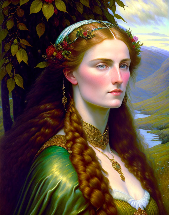 Portrait of Woman with Braided Hair, Diadem, and Nature Jewelry in Pastoral Landscape