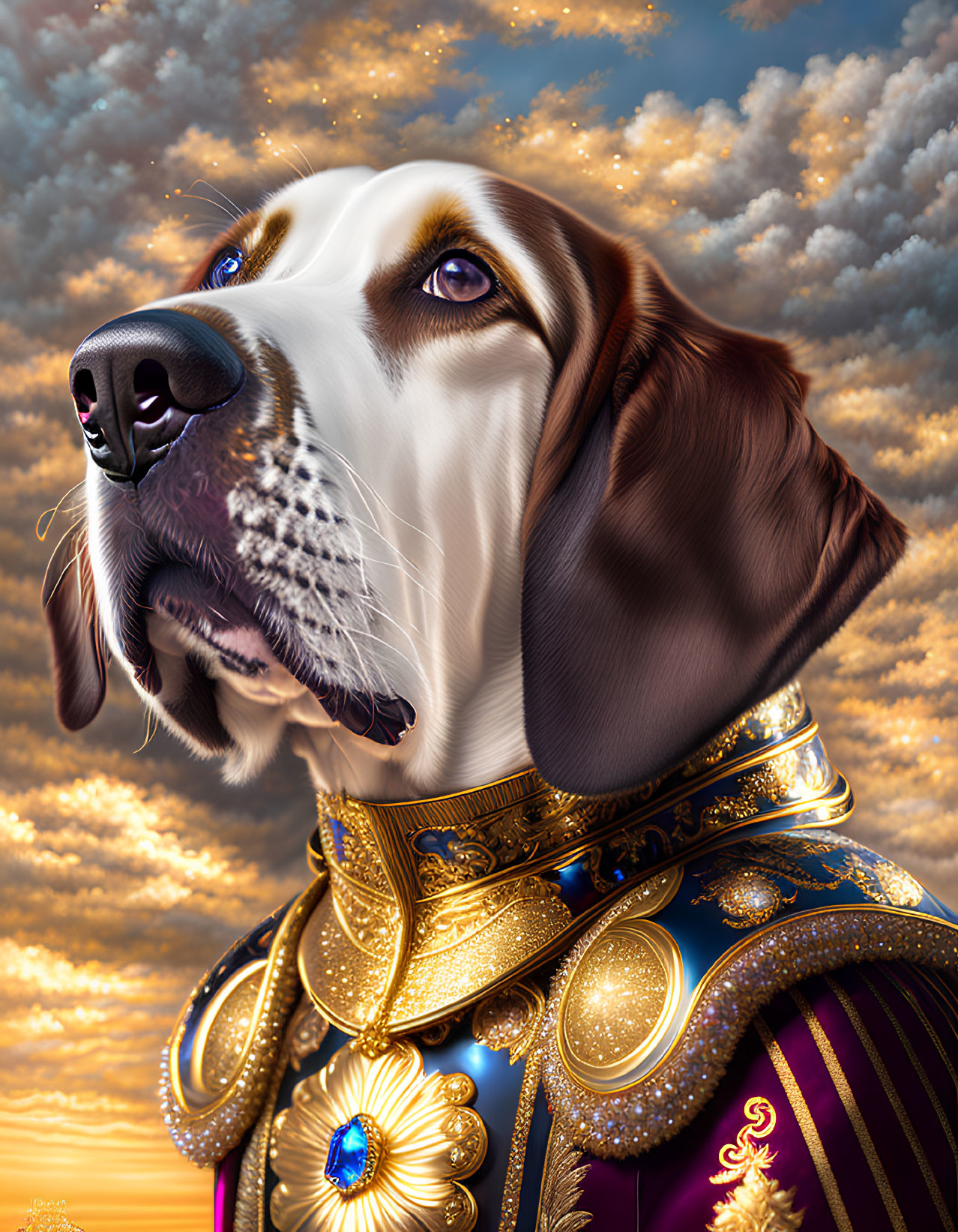 Majestic dog in royal attire against cloudy sky