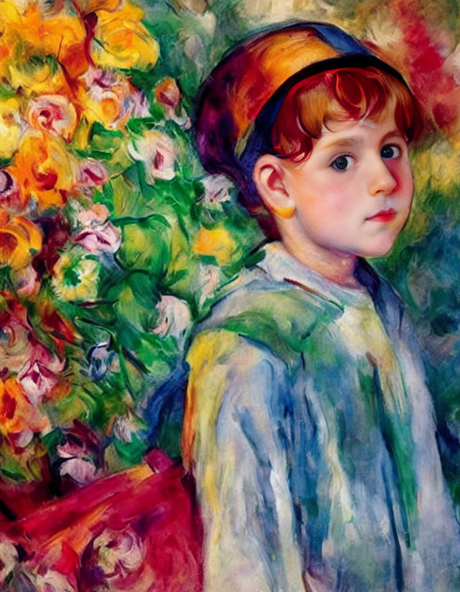 Child with Blue Cap and Red Hair in Vibrant Floral Background