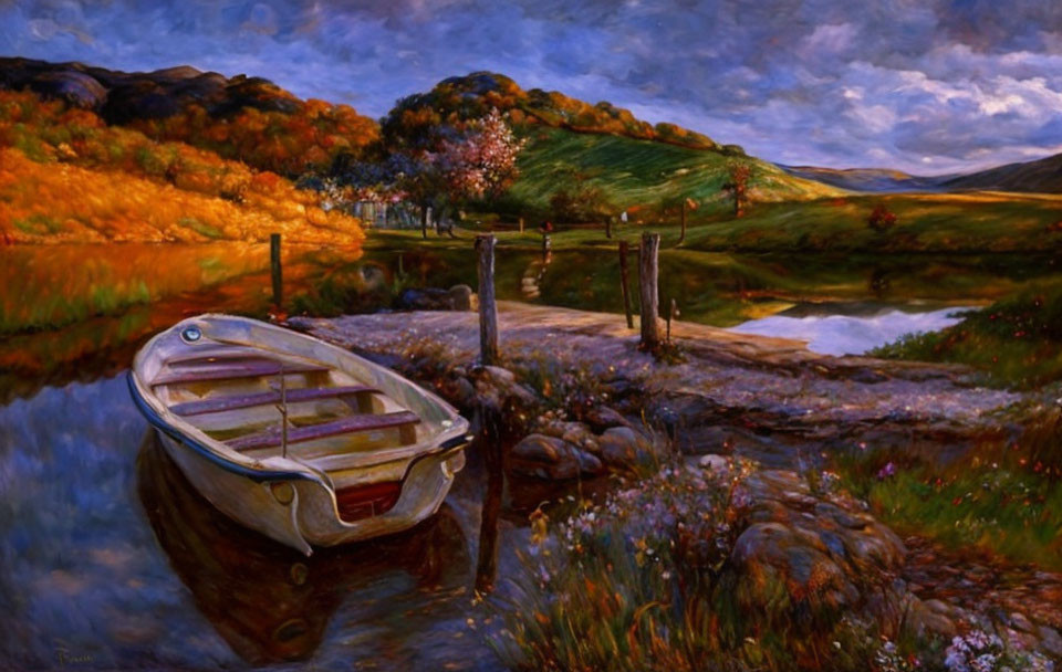 Tranquil autumn landscape with boat on calm water