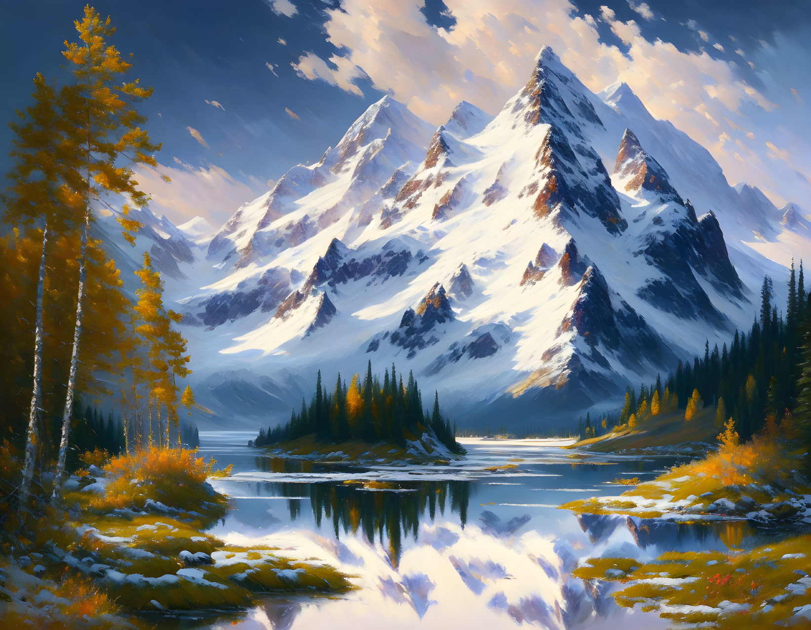 Snowcapped mountains reflected in lake amidst autumn trees under cloudy sky